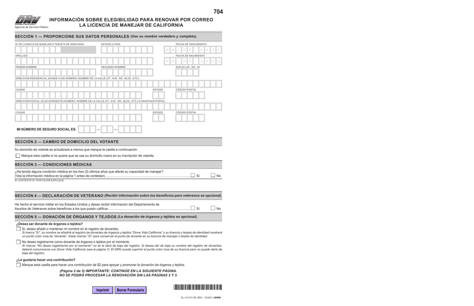 Formulario DL410 FO SP Informacion Sobre Elegibilidad Para Renovar Por Correo La Licencia De Manejar De California - California (Spanish), Page 2