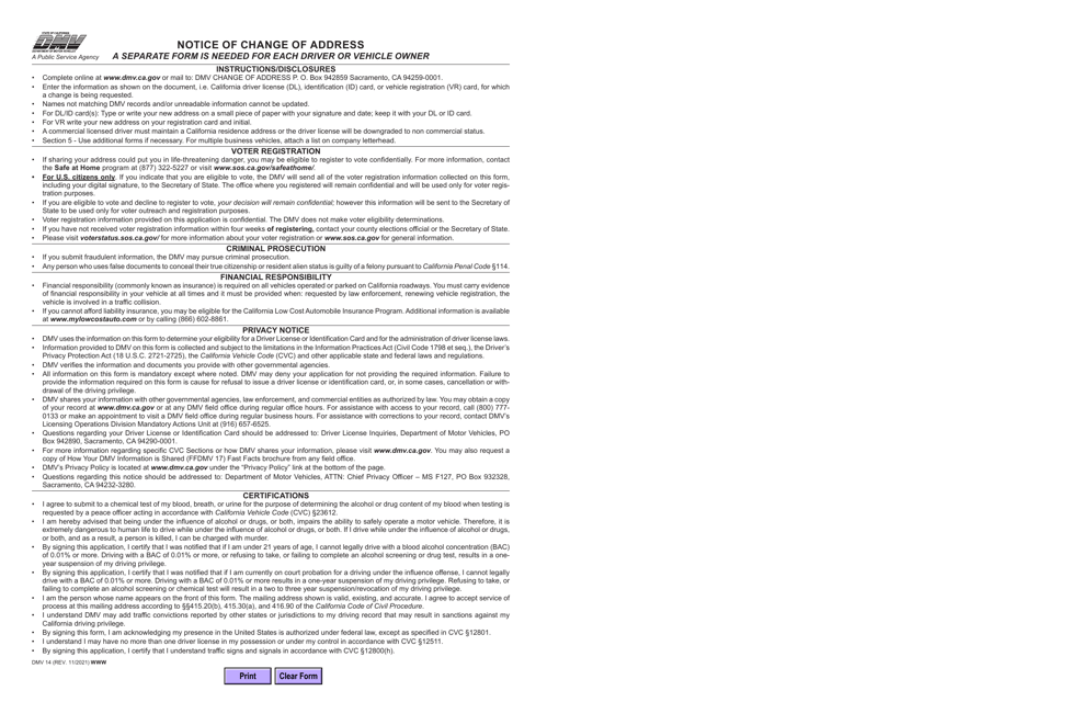 Form DMV14 Notice of Change of Address - California