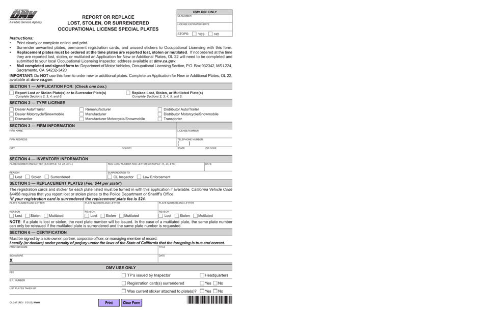 Form OL247 Fill Out, Sign Online and Download Fillable PDF