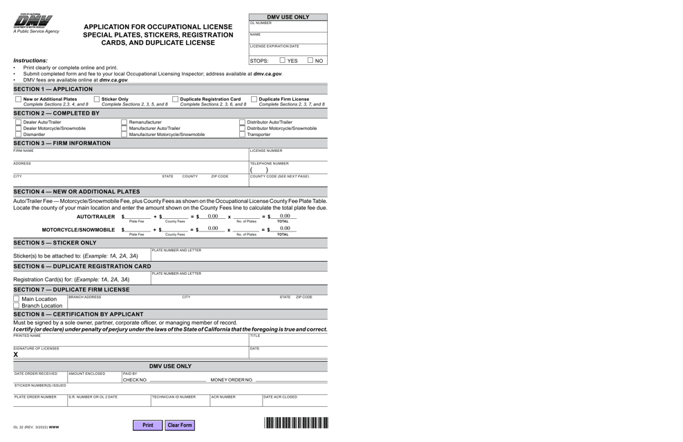 Form OL22 Application for Occupational License Special Plates, Stickers, Registration Cards, and Duplicate License - California