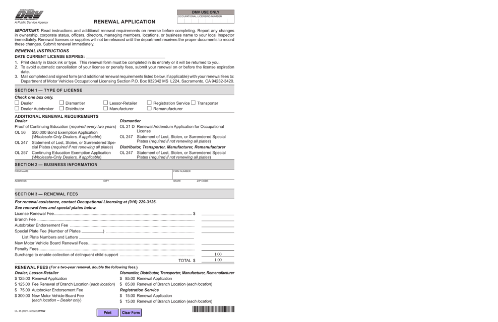 Form OL45 Renewal Application - California