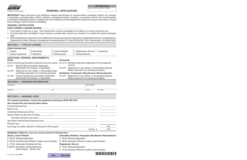 Form OL45 Renewal Application - California, Page 1