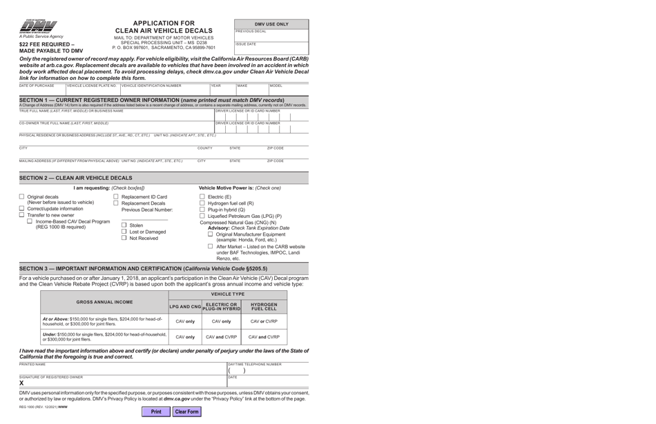 Form REG1000 Application for Clean Air Vehicle Decals - California, Page 1