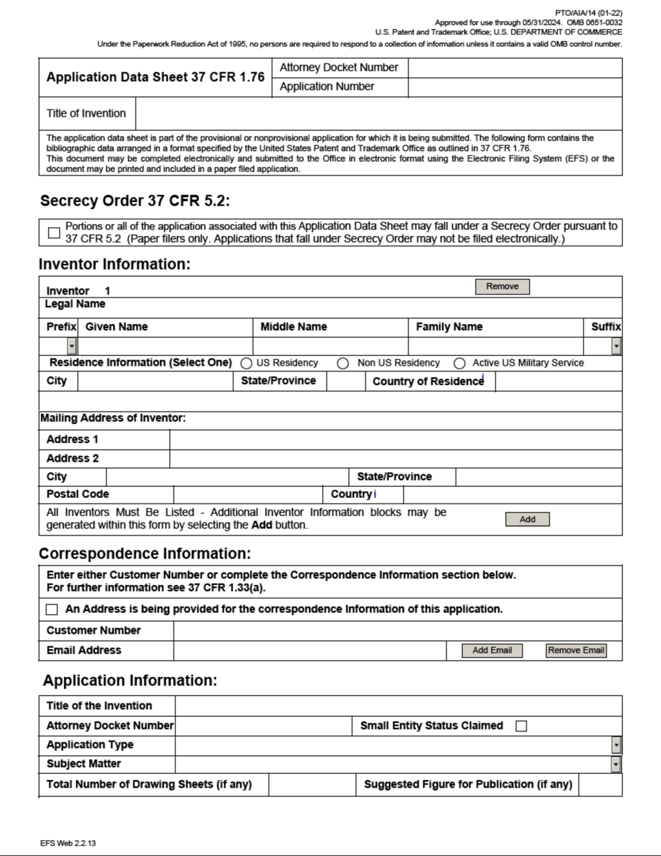 Form PTO / AIA / 14 Application Data Sheet 37 Cfr 1.76, Page 1