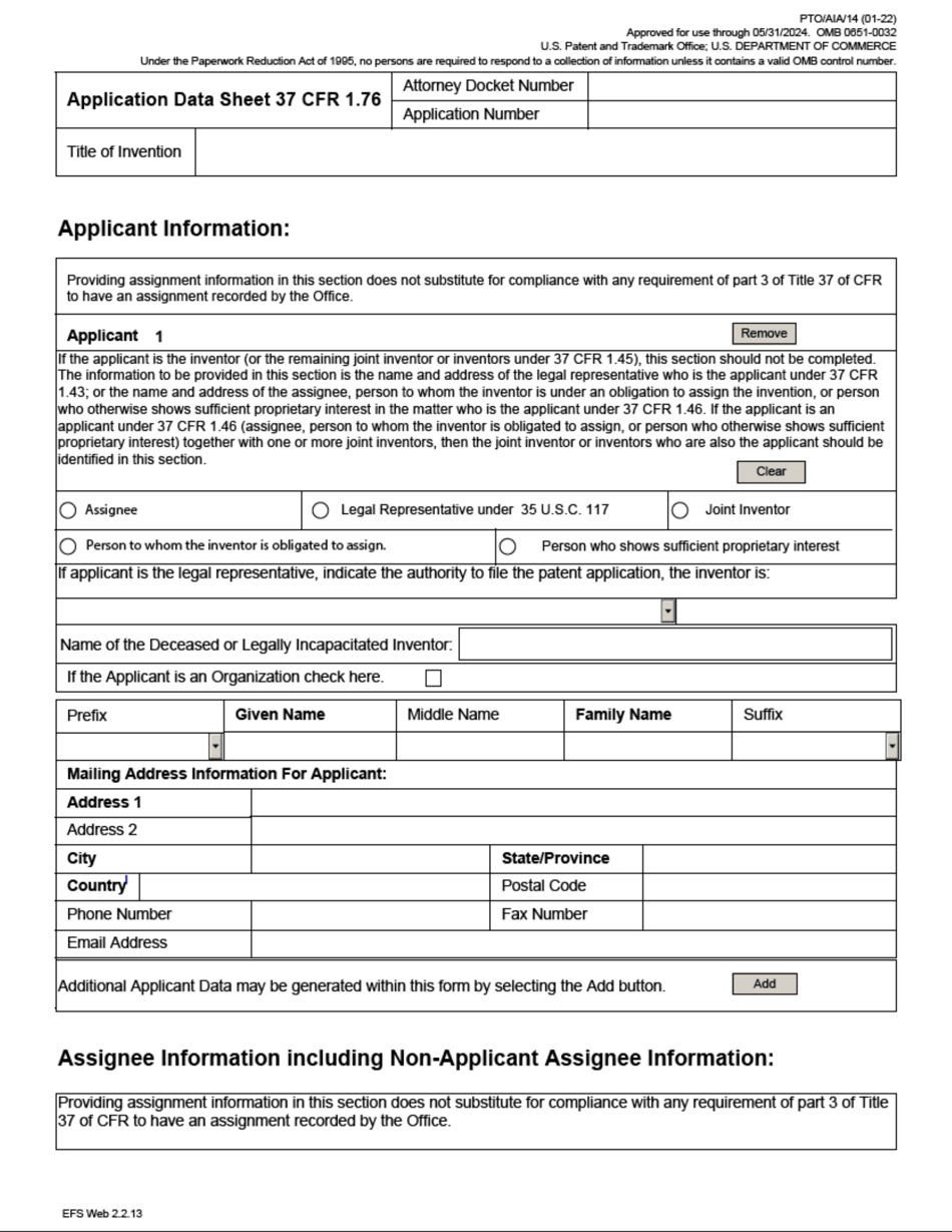 Form PTO / AIA / 14 Application Data Sheet 37 Cfr 1.76, Page 5