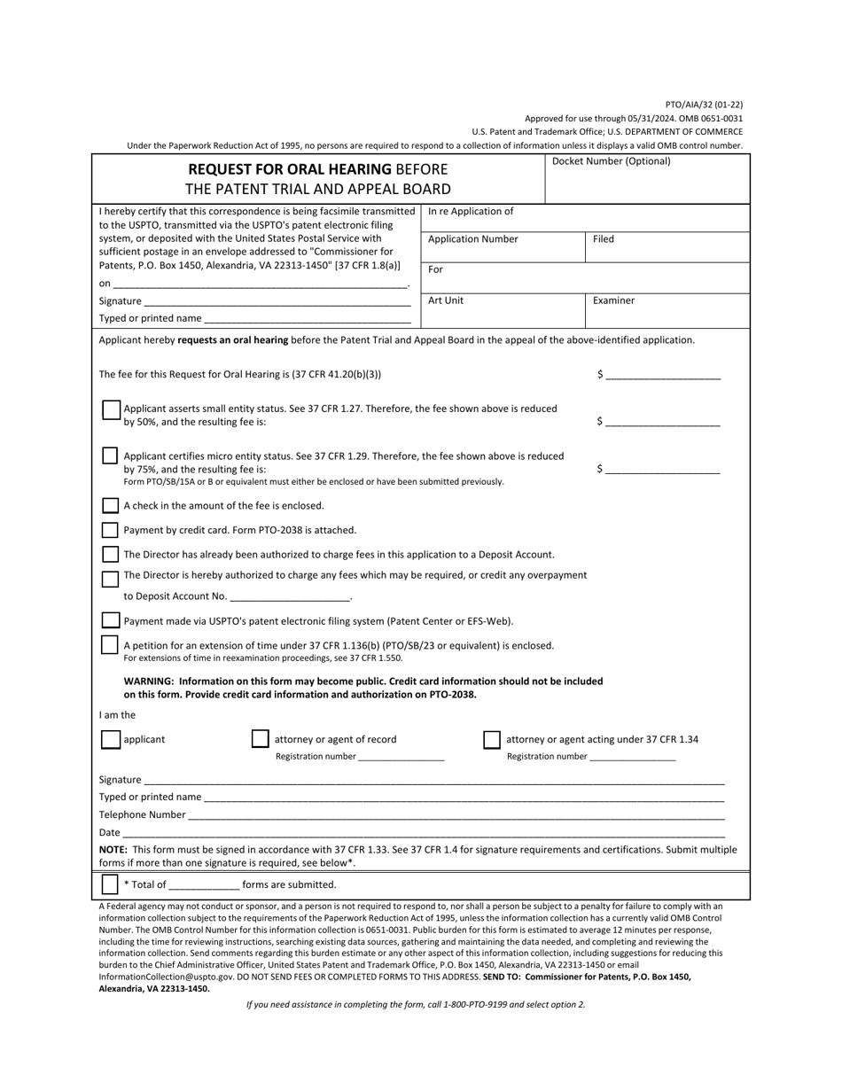 Form PTO / AIA / 32 Request for Oral Hearing Before the Patent Trial and Appeal Board, Page 1