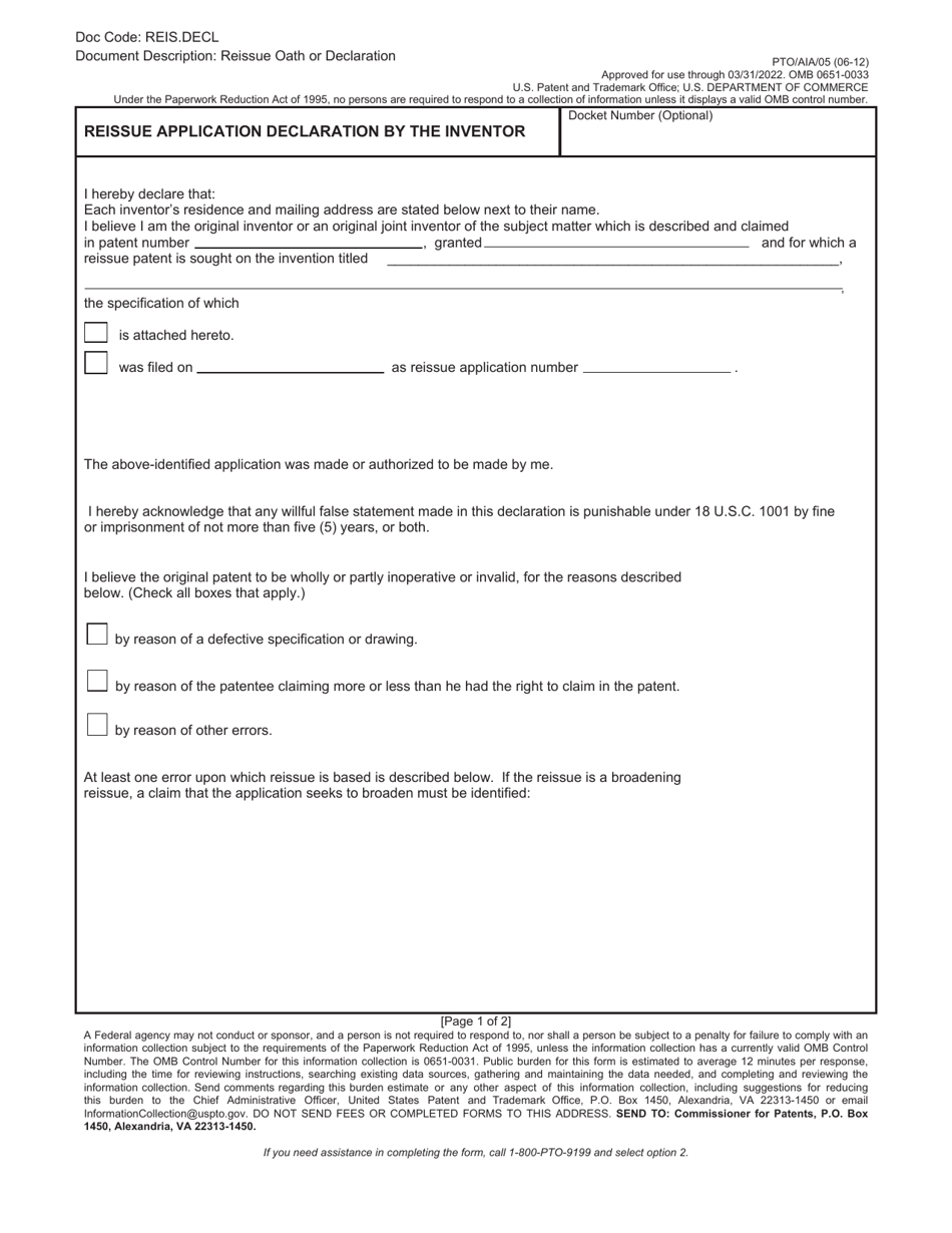 Form PTO/AIA/05 Fill Out, Sign Online and Download Fillable PDF