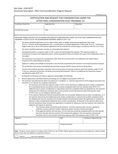 Form PTO/SB/434 Certification and Request for Consideration Under the After Final Consideration Pilot Program 2.0