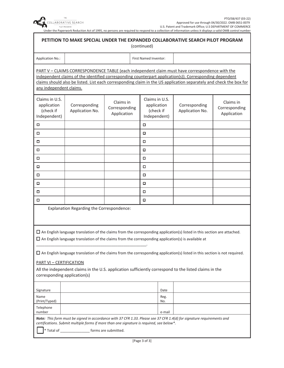 Form PTO / SB / 437 Petition to Make Special Under the Expanded Collaborative Search Pilot Program, Page 3