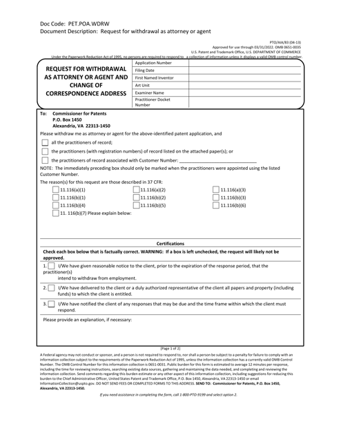 Form PTO/AIA/83 Request for Withdrawal as Attorney or Agent and Change of Correspondence Address
