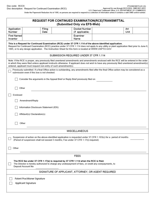 Form PTO/SB/30EFS Request for Continued Examination(Rce)transmittal (Submitted Only via Efs-Web)