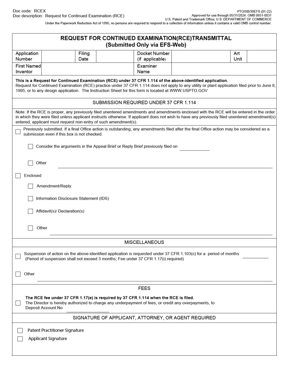 Form PTO / SB / 30EFS Request for Continued Examination(Rce)transmittal (Submitted Only via Efs-Web), Page 1