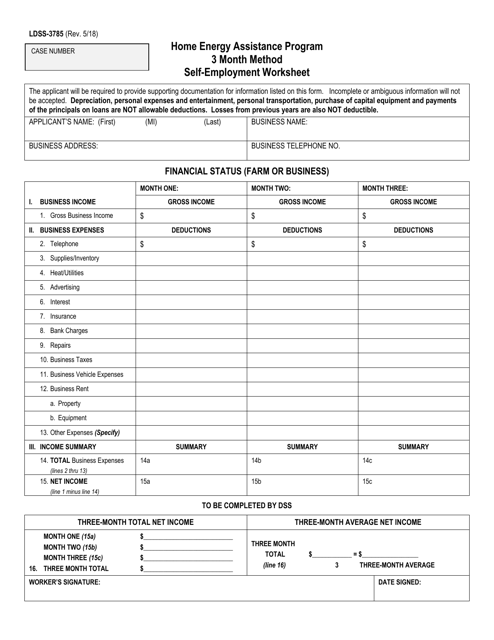 Form LDSS-3785 3 Month Method Self-employment Worksheet - Home Energy Assistance Program - New York City