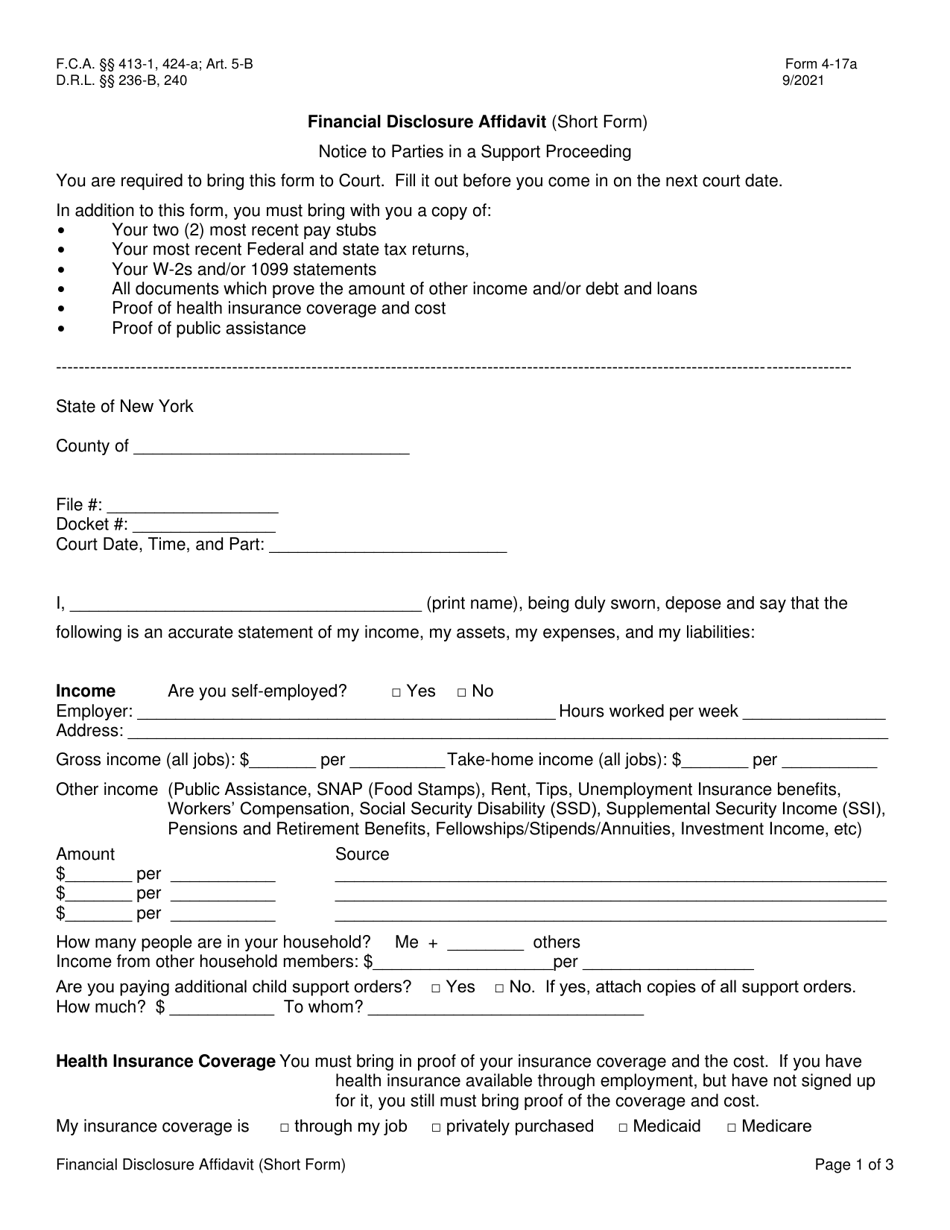 Form 4-17A Financial Disclosure Affidavit (Short Form) - New York, Page 1