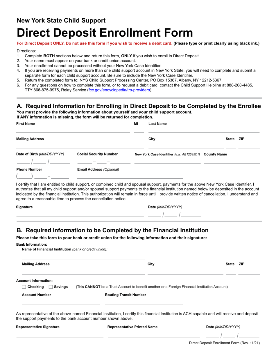 Direct Deposit Enrollment Form - New York, Page 1