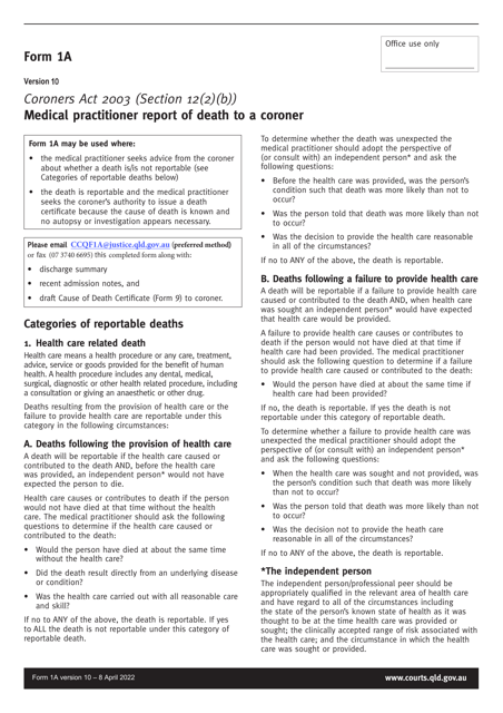 Form 1A Medical Practitioner Report of Death to a Coroner - Queensland, Australia