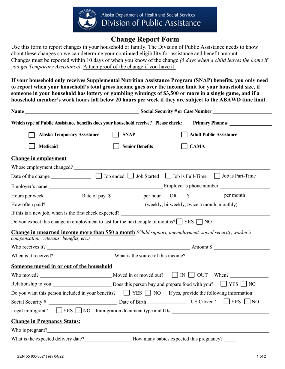 Form GEN55 (06-3621) Change Report Form - Alaska, Page 1