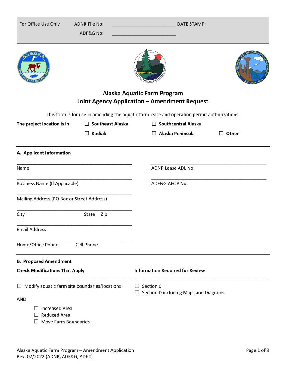 Form 102-4005B Joint Agency Application - Amendment Request - Alaska Aquatic Farm Program - Alaska, Page 1