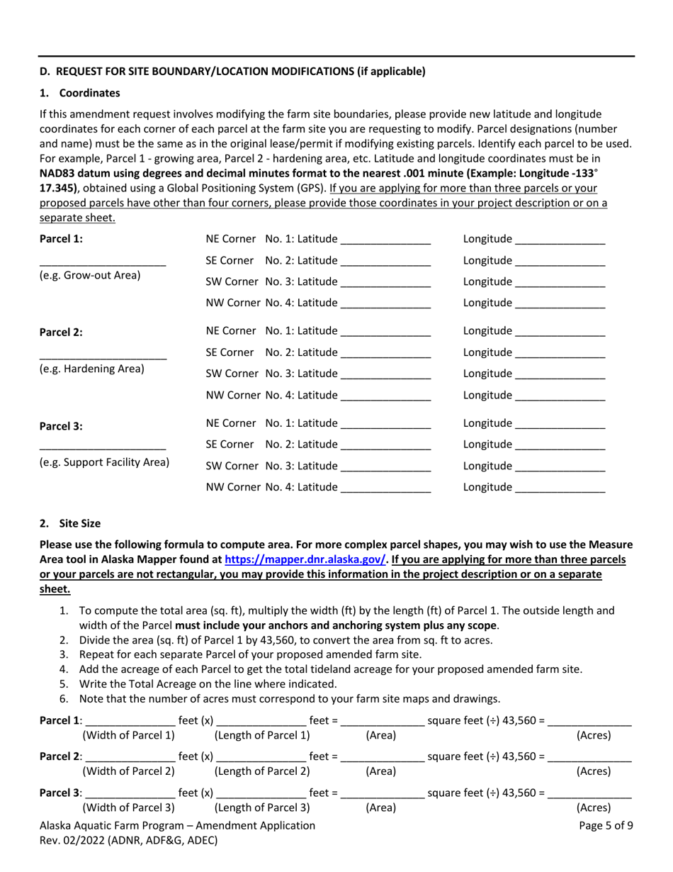 Form 102-4005B Joint Agency Application - Amendment Request - Alaska Aquatic Farm Program - Alaska, Page 5