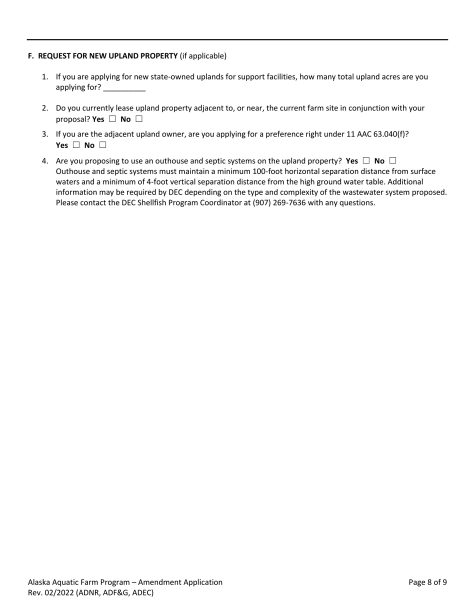 Form 102-4005B Joint Agency Application - Amendment Request - Alaska Aquatic Farm Program - Alaska, Page 8