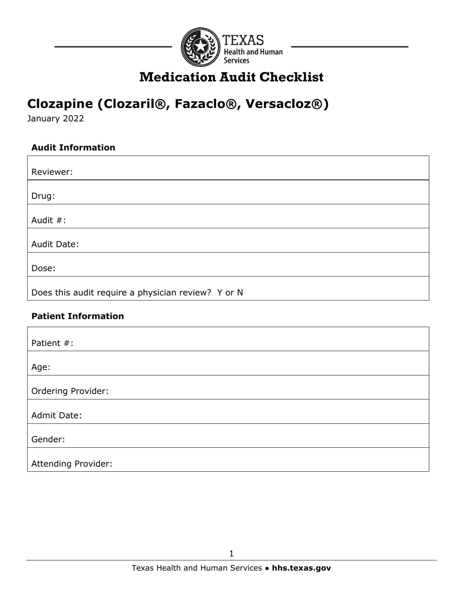 Medication Audit Checklist - Clozapine (Clozaril, Fazaclo, Versacloz) - Texas, Page 1