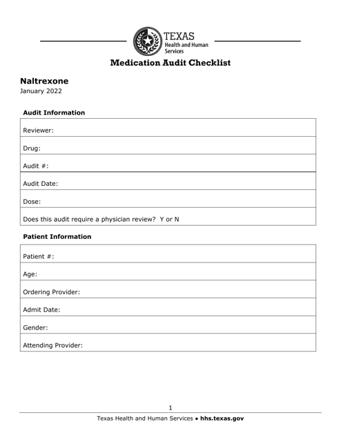 Medication Audit Checklist - Naltrexone - Texas