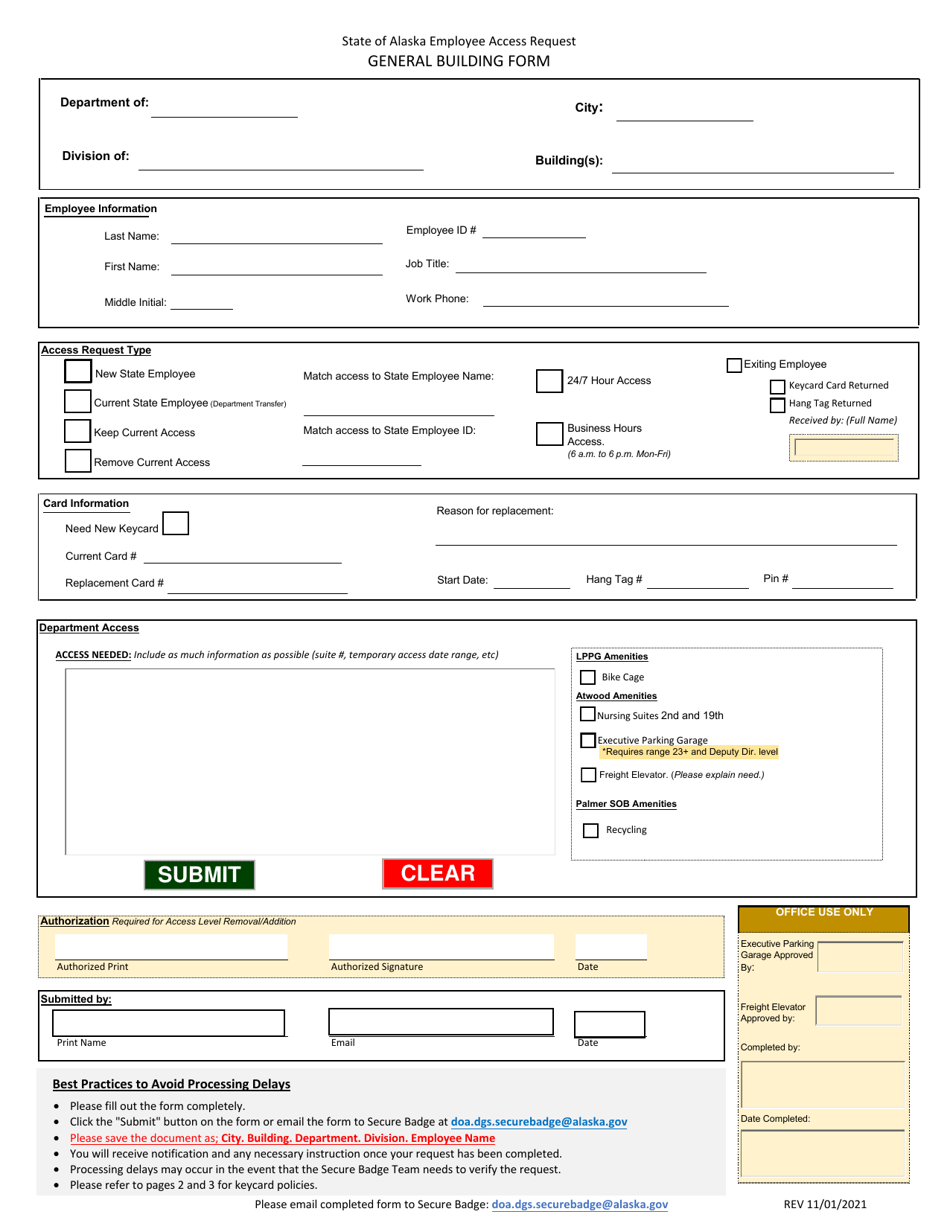 State of Alaska Employee Access Request General Building Form - Alaska, Page 1