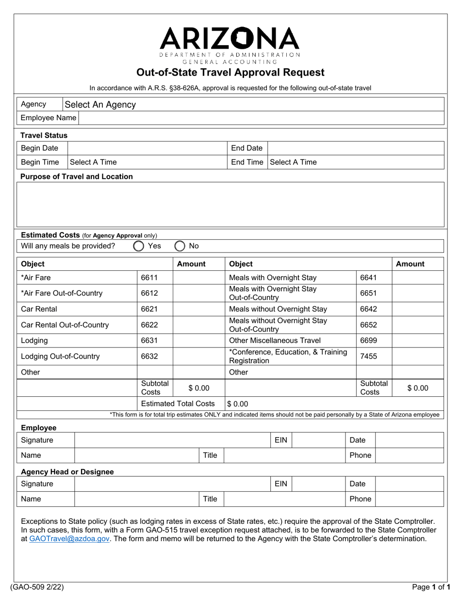 Form GAO-509 Out-of-State Travel Approval Request - Arizona, Page 1