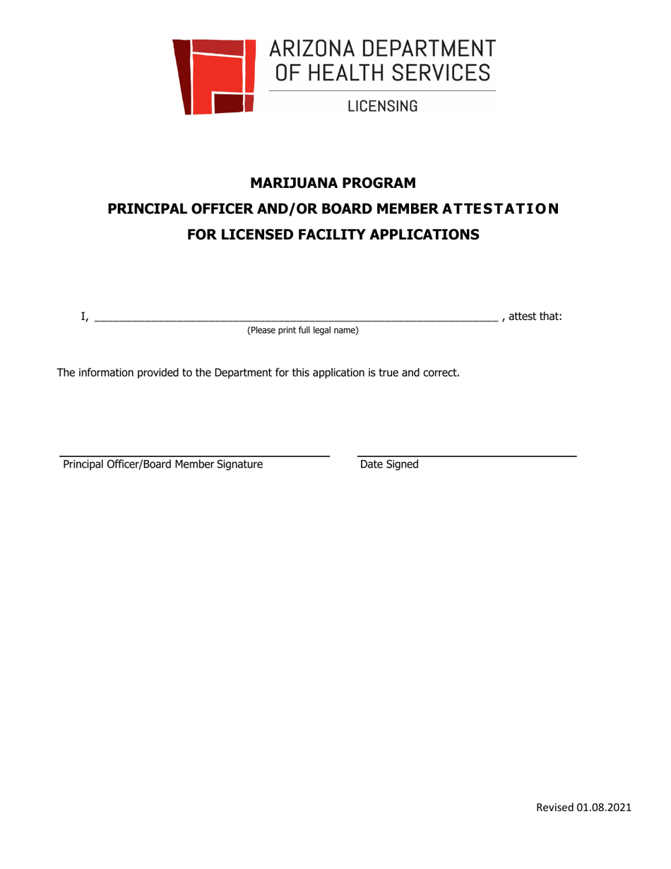 Principal Officer and / or Board Member Attestation for Licensed Facility Applications - Marijuana Program - Arizona, Page 1