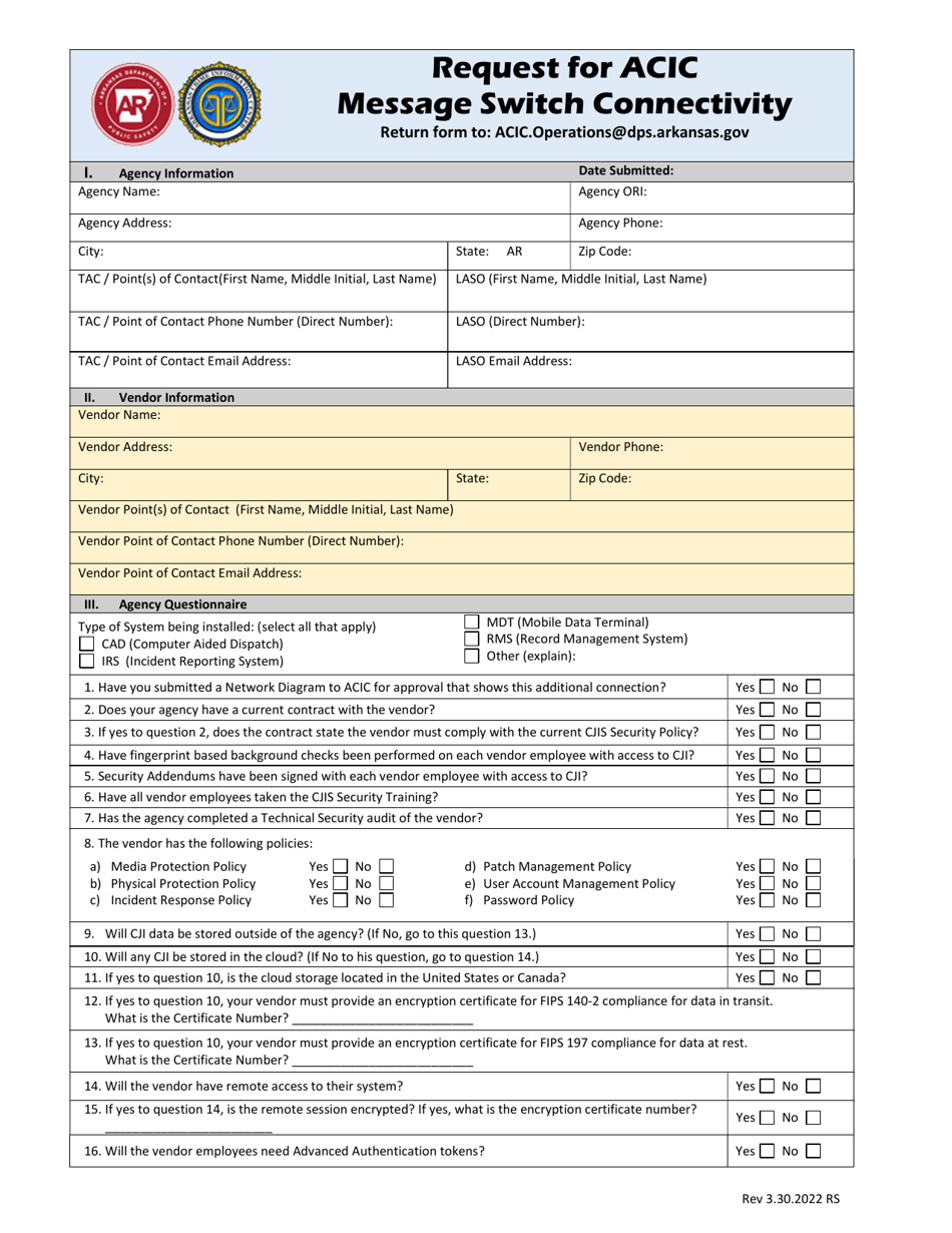 Request for Acic Message Switch Connectivity - Arkansas, Page 1
