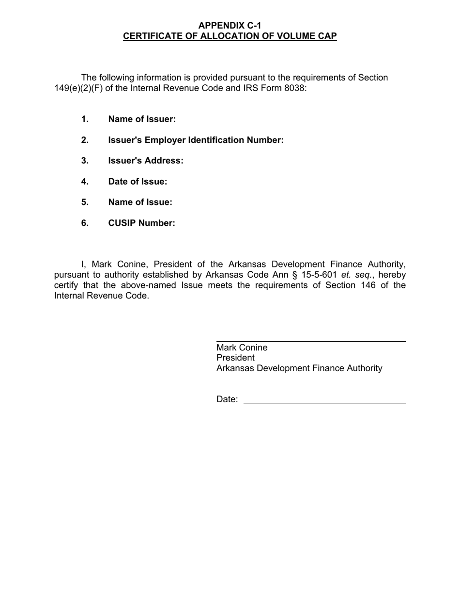 Appendix C-1 Certificate of Allocation of Volume Cap - Arkansas, Page 1