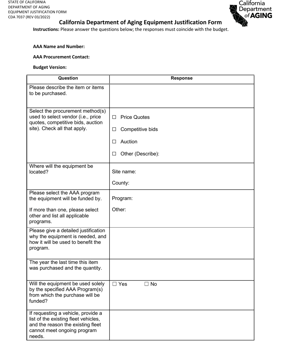 Form CDA7037 California Department of Aging Equipment Justification Form - California, Page 1