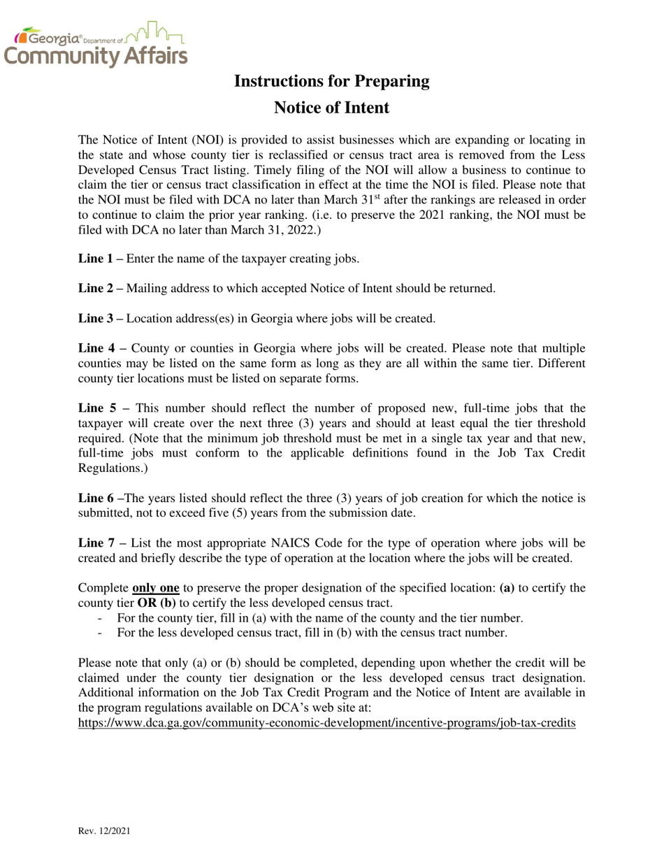 Notice of Intent for Georgia Job Tax Credit - Georgia (United States), Page 1