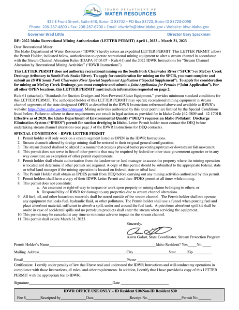 Idaho Recreational Mining Authorization (Letter Permit) - Idaho, 2023