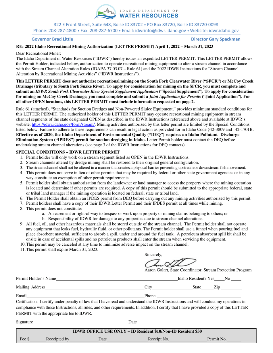 Idaho Recreational Mining Authorization (Letter Permit) - Idaho, Page 1
