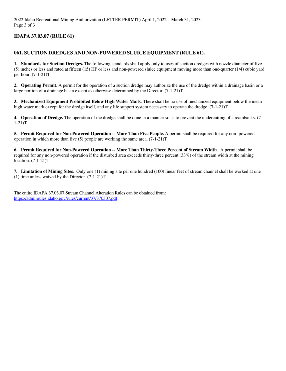 Idaho Recreational Mining Authorization (Letter Permit) - Idaho, Page 3