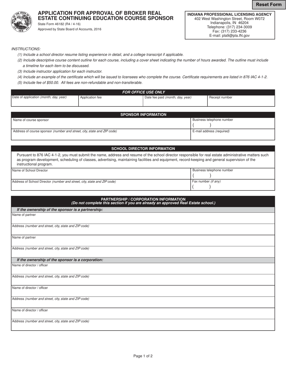 State Form 46182 Application for Approval of Broker Real Estate Continuing Education Course Sponsor - Indiana, Page 1