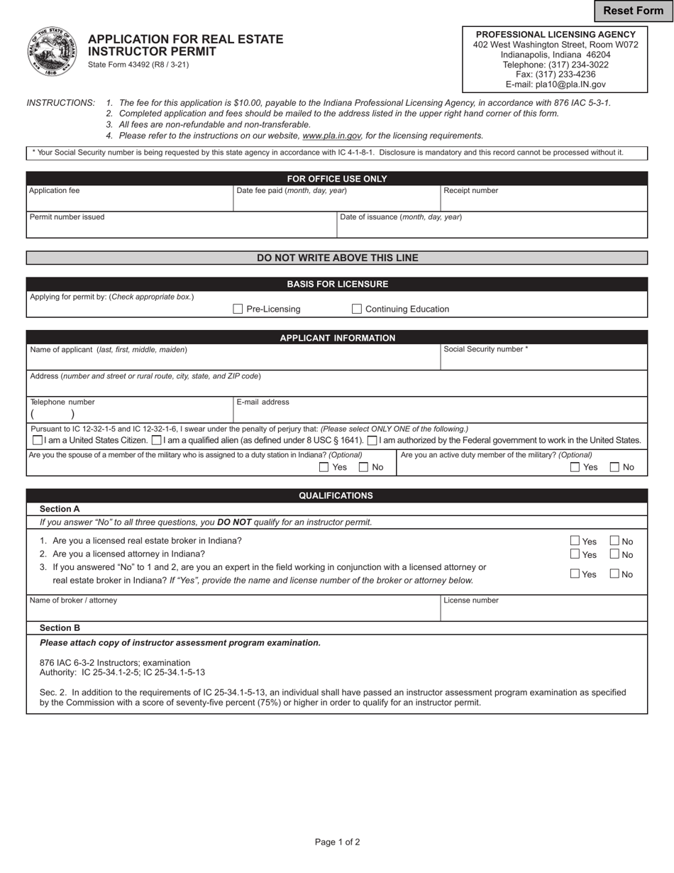 State Form 43492 Application for Real Estate Instruction Permit - Indiana, Page 1