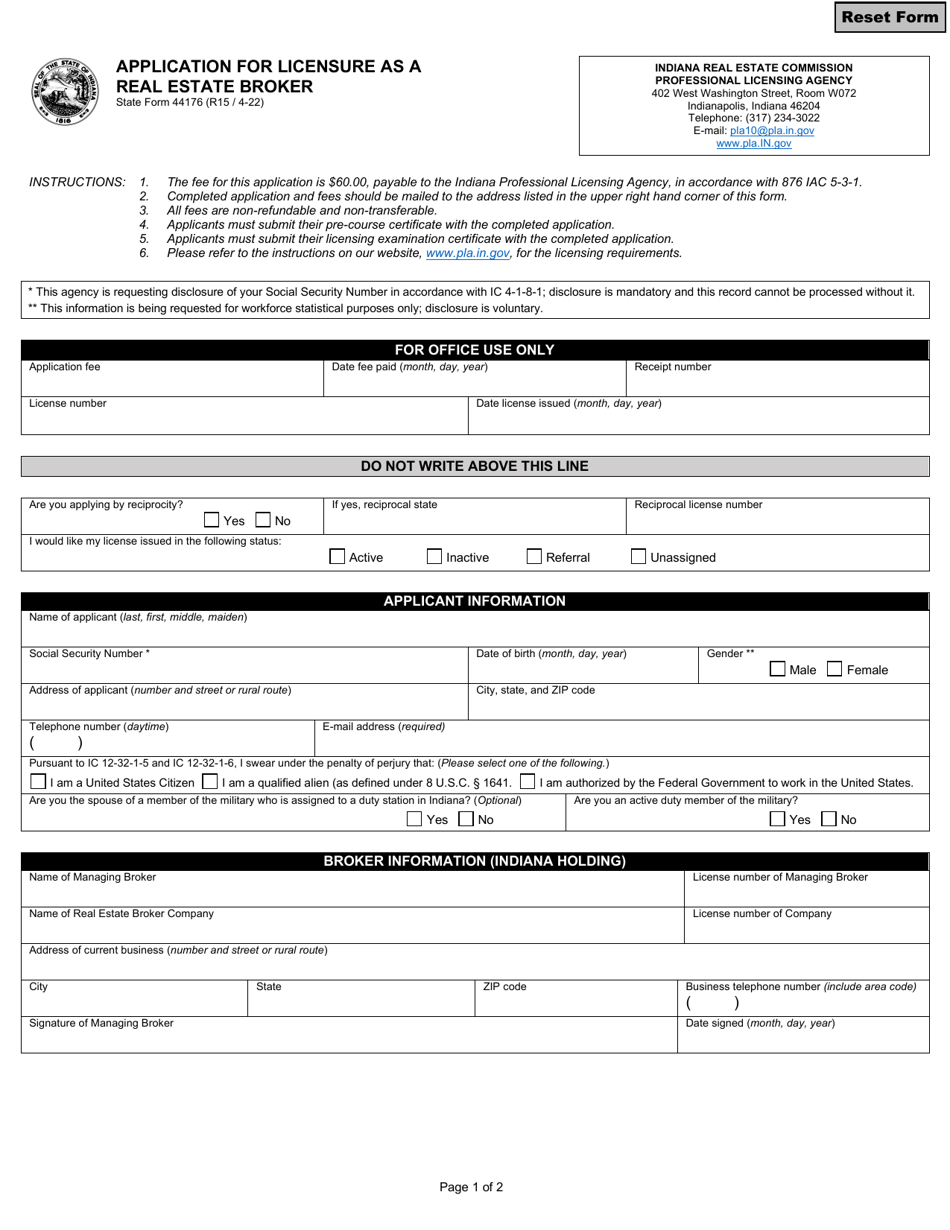 State Form 44176 Application for Licensure as a Real Estate Broker - Indiana, Page 1
