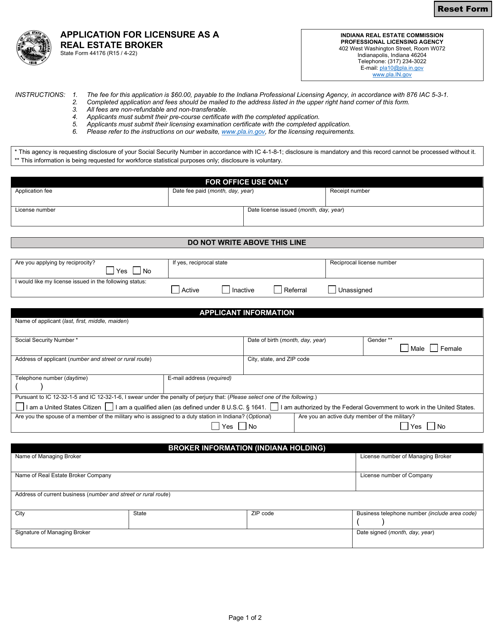 State Form 44176 Application for Licensure as a Real Estate Broker - Indiana