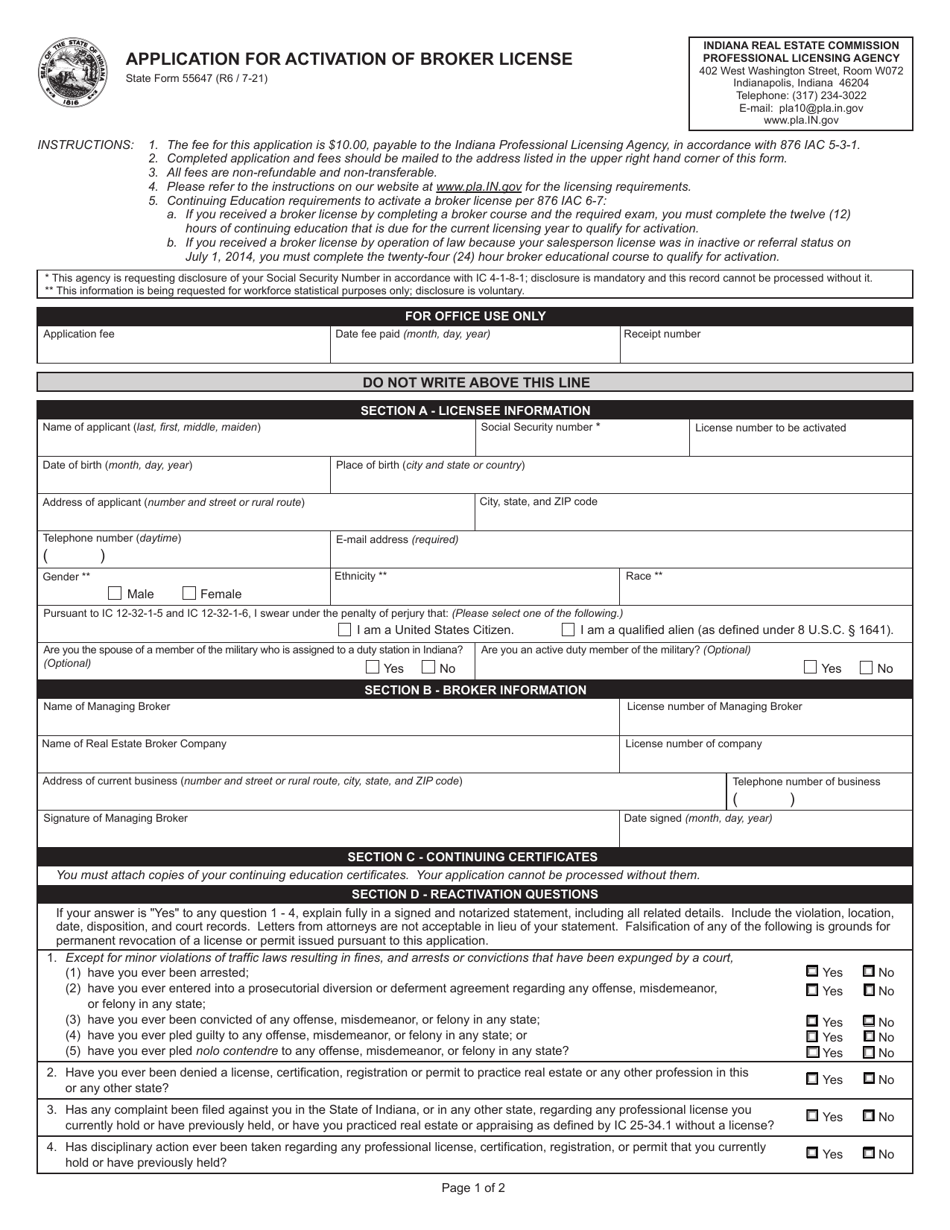 State Form 55647 Fill Out Sign Online And Download Fillable Pdf Indiana Templateroller 