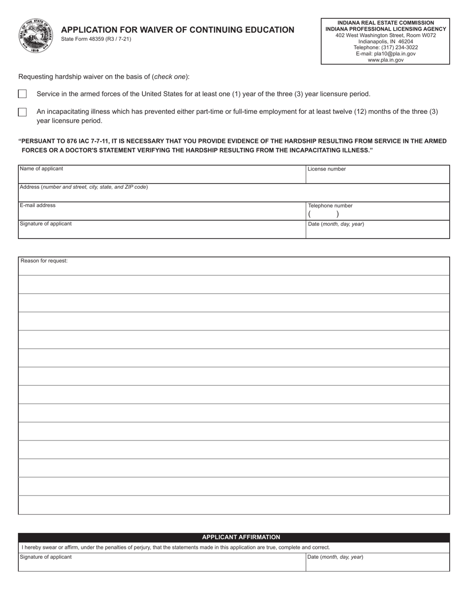 State Form 48359 Application for Waiver of Continuing Education - Indiana, Page 1