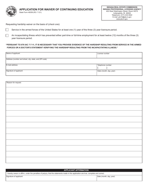 State Form 48359 Application for Waiver of Continuing Education - Indiana
