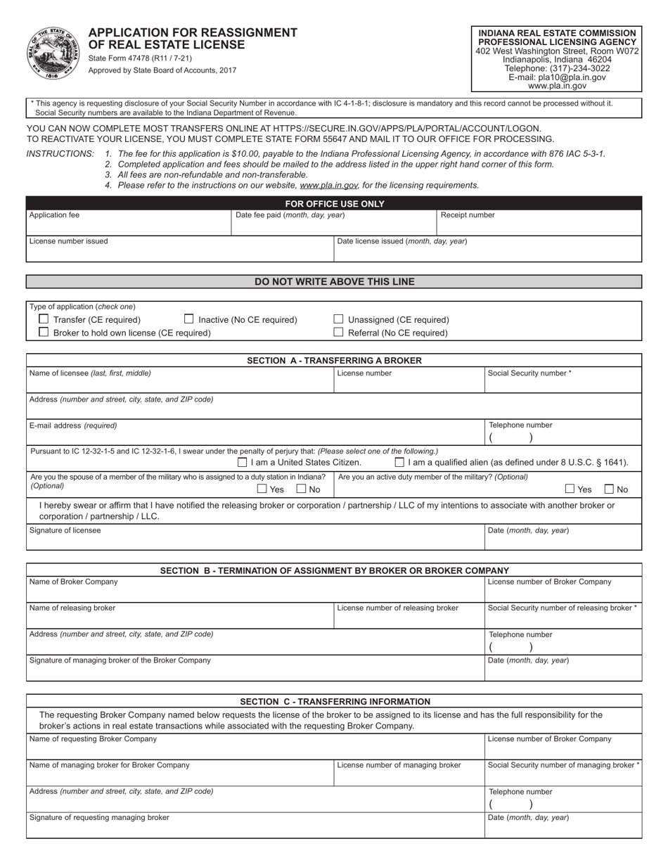 State Form 47478 Application for Reassignment of Real Estate License - Indiana, Page 1