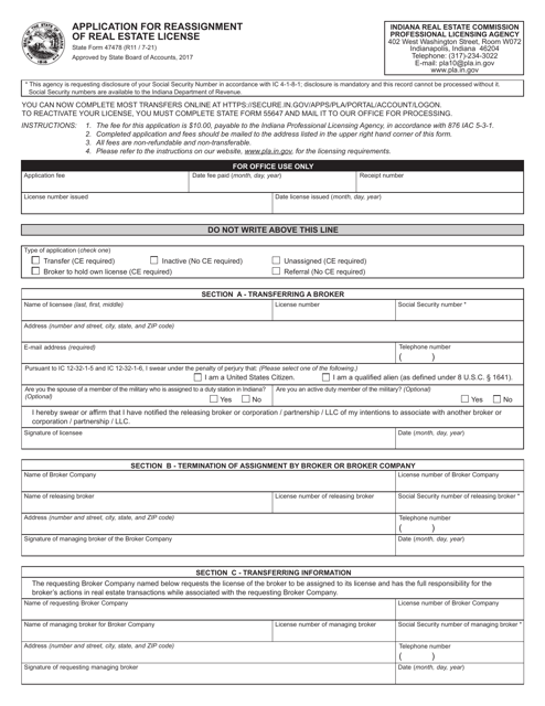 State Form 47478 Application for Reassignment of Real Estate License - Indiana