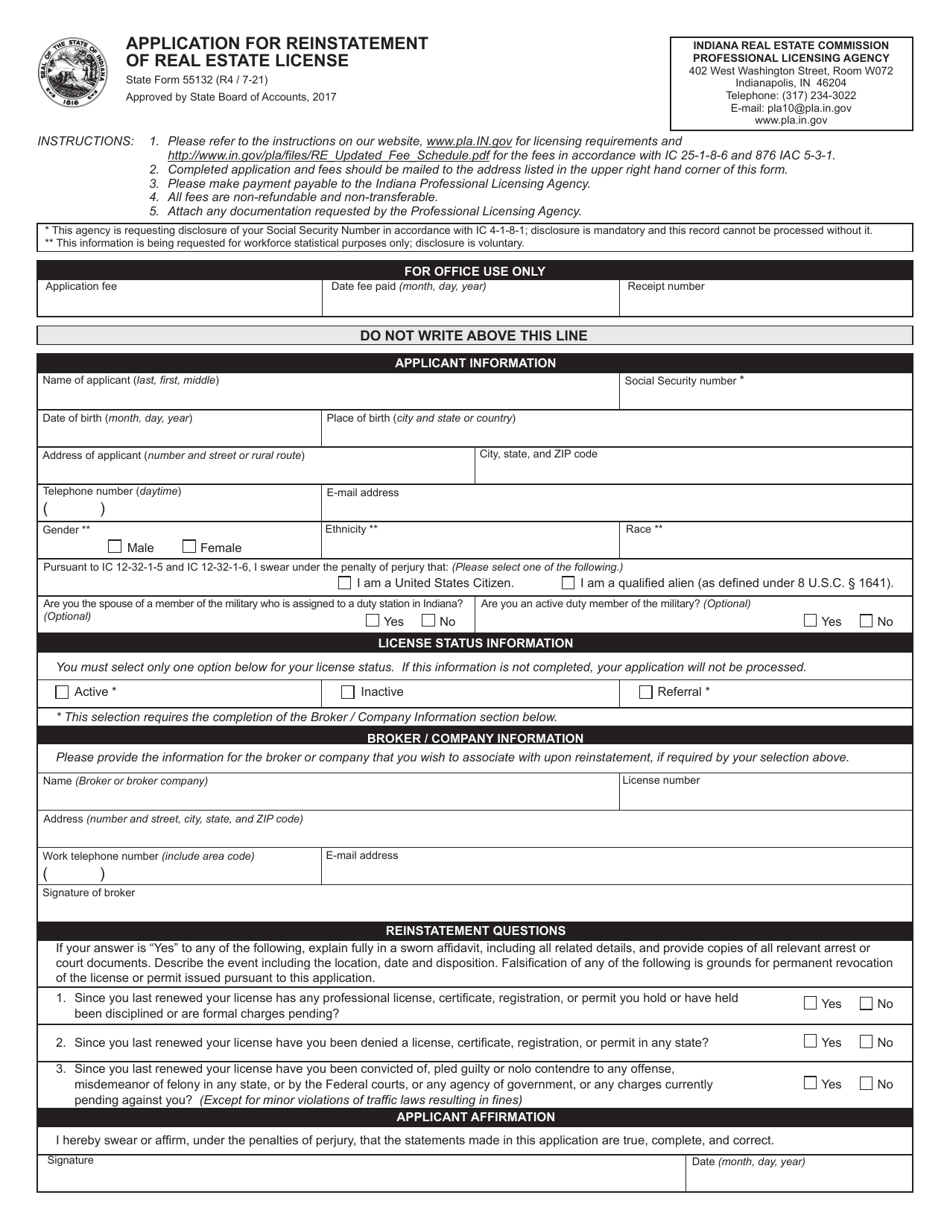 State Form 55132 Application for Reinstatement of Real Estate License - Indiana, Page 1