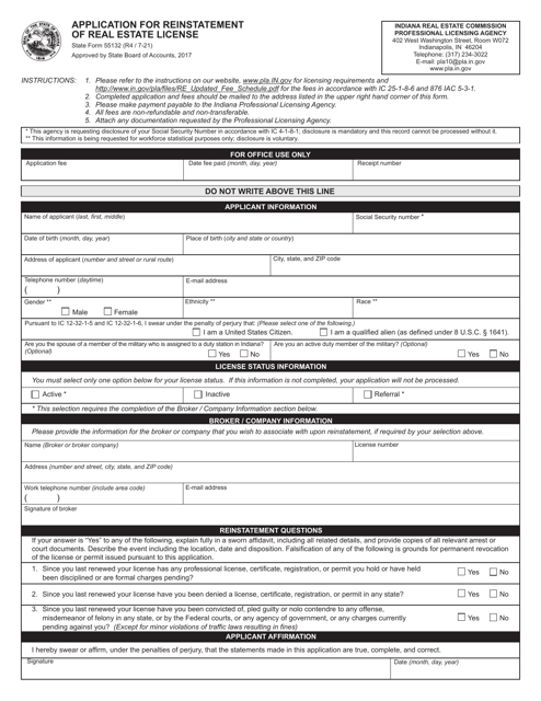 State Form 55132 Application for Reinstatement of Real Estate License - Indiana