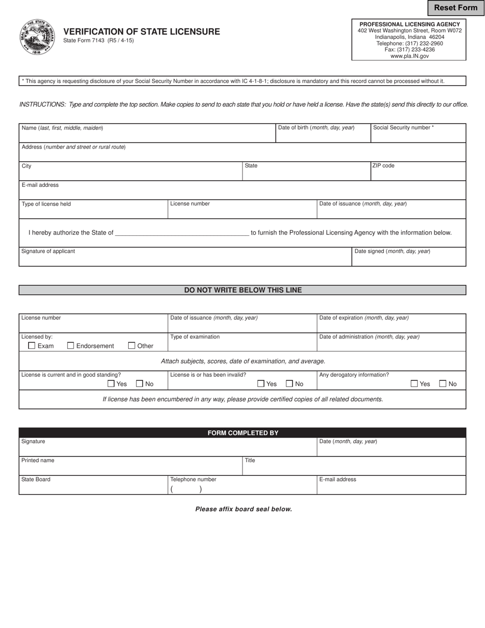 State Form 7143 Verification of State Licensure - Indiana, Page 1