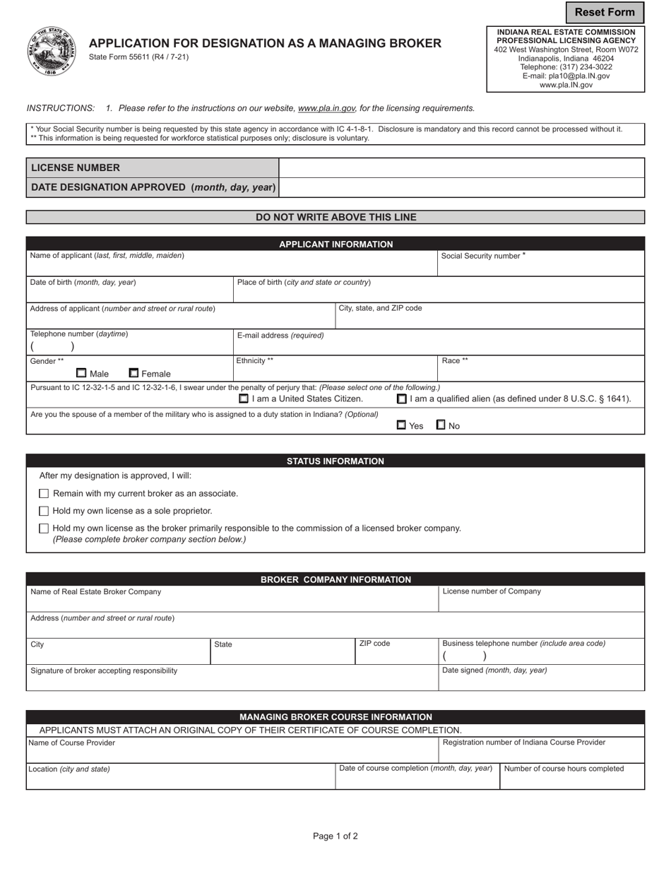 State Form 55611 Application for Designation as a Managing Broker - Indiana, Page 1