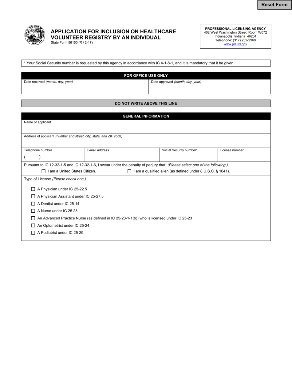 State Form 56150 Application for Inclusion on Healthcare Volunteer Registry by an Individual - Indiana, Page 1